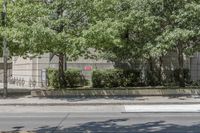 the sidewalk has a parking meter on it that has graffiti painted over the street and trees near the building