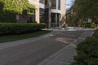 a sidewalk with hedges on the sides and buildings near the street outside of it,