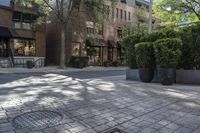 a building with a decorative iron grid pattern on a paved city street with greenery and sidewalk