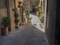 an alley way leading to a narrow building with a clock and potted plants on the floor