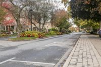 an empty street lined with lush green trees and shrubbery next to brick road next to sidewalk