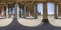 four images showing different angles of pillars and columns with circular views in the foreground