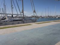 there are many small sailboats tied up at the pier and in the water on this beach