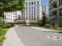 a paved street and trees in a large city area with a statue in the center of it