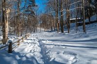 a snowy path in the woods with lots of snow on the ground and a wooden railing