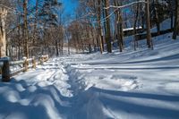 a snowy path in the woods with lots of snow on the ground and a wooden railing