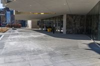 the back of a yellow fire hydrant near an entrance to a building with large glass windows