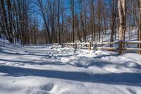 a wooden fence covered in snow near trees and a bench in the background is a forest