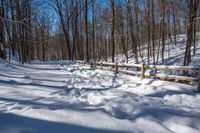 a wooden fence covered in snow near trees and a bench in the background is a forest