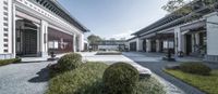 a courtyard features shrubs and green trees in different colors, which are decorated with metal and wood