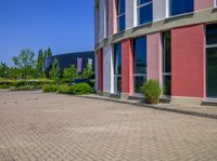 red bricked walkway next to building with several windows and trees along the side of it