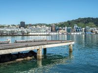 a pier stretches across a body of water near a cityscape and mountains in the distance