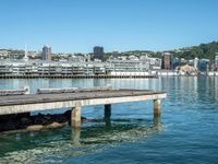 a pier stretches across a body of water near a cityscape and mountains in the distance