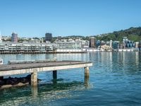 a pier stretches across a body of water near a cityscape and mountains in the distance