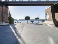 a cement walkway that leads into a parking garage with two trees and a large potted tree