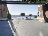 a cement walkway that leads into a parking garage with two trees and a large potted tree