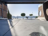 a cement walkway that leads into a parking garage with two trees and a large potted tree