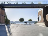 a cement walkway that leads into a parking garage with two trees and a large potted tree