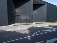 an asphalted street in front of a black building with arrows on it and a tree and bushes in the foreground