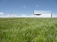 a large mirror building stands in a grassy field by a blue sky with white clouds