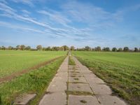 a pathway in a rural area with no cars on it and a blue sky above