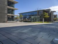 there are some glass windows in this office building architecture and the sidewalk on the right is an alley with lots of grass