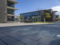 there are some glass windows in this office building architecture and the sidewalk on the right is an alley with lots of grass