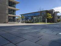 there are some glass windows in this office building architecture and the sidewalk on the right is an alley with lots of grass