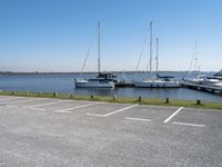 a parking lot with lots of boats on the water behind it and one of the parked cars on the shore