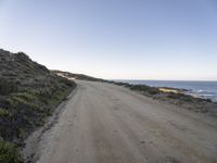 a lone dirt road is shown with blue skies in the background of the picture a hill with bushes