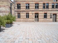 a bricked up courtyard and green planters with plants in the center of it