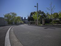 a city street lined with trees and lamp posts and a sidewalk in the foreground