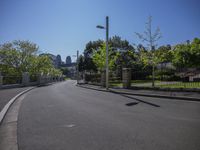 a city street lined with trees and lamp posts and a sidewalk in the foreground