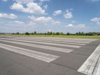 an empty runway in a city with grass on either side of the tarmac and a blue sky behind