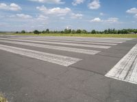 an empty runway in a city with grass on either side of the tarmac and a blue sky behind