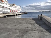 a woman walking by the water towards a large cruise ship parked at the dock area