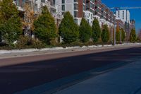 a city street with tall buildings and some trees in front of them on a sunny day