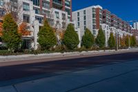 a city street with tall buildings and some trees in front of them on a sunny day