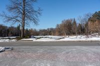 a snowy road with signs on the sides and trees in the distance with no leaves