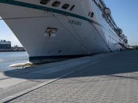 large cruise boat parked in the harbor with people walking by it and water on the pavement