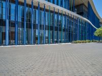 a building with pink glass and purple striped exterior is shown with the brick path on the left