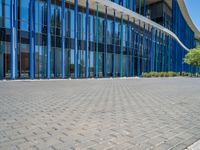 a building with pink glass and purple striped exterior is shown with the brick path on the left