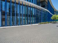 a building with pink glass and purple striped exterior is shown with the brick path on the left