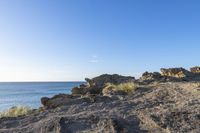 rocky area with grass and rocks on side of body of water in background with blue sky