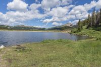 there is a lake surrounded by some trees and grass near some trees and mountains in the background