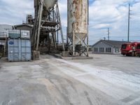 a group of three fire trucks are sitting in a lot next to a tall concrete silo