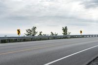 a paved road with yellow traffic signs on the side and trees in the background on a cloudy day