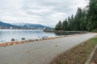 there is a bench on the pavement near the water and rocks and trees on the bank