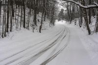 a snowy and icy road in a wood area with a sign saying caution is ahead