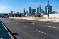 empty highway with city skyline in background and no cars on it and signs on it